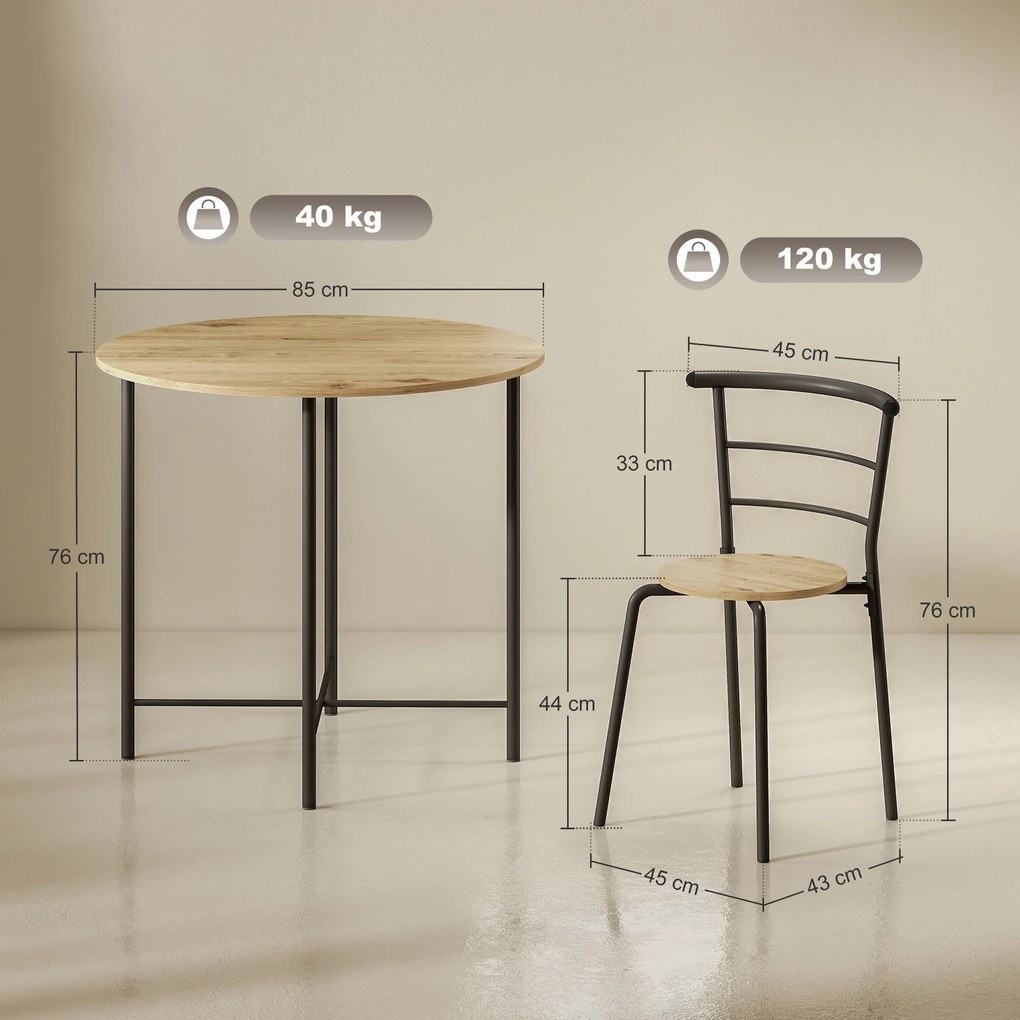 HOMCOM Set Masă Rotundă de Dining cu 4 Scaune Economisitor de Spațiu în Lemn și Metal Stil Industrial | Aosom Romania