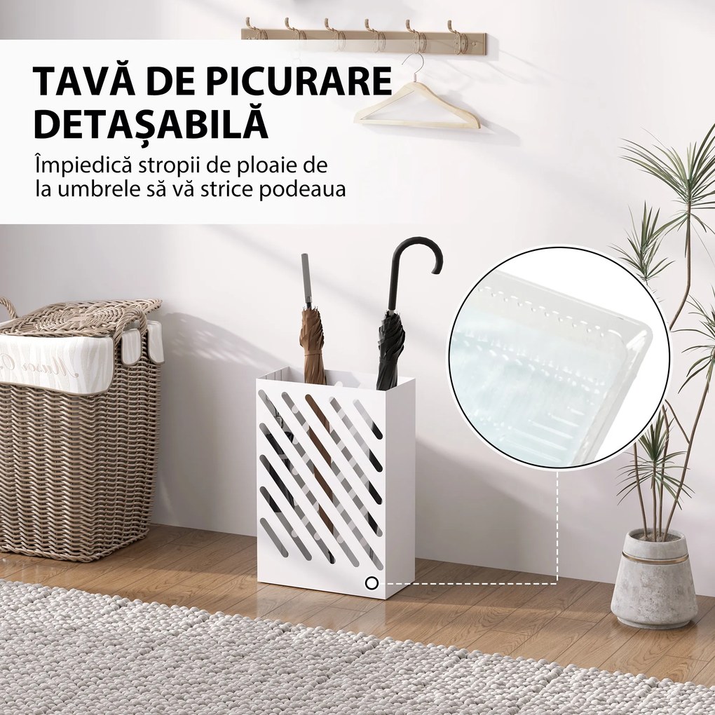 HOMCOM Suport pentru Umbrele cu Tavă pentru Colectarea Picăturilor și 4 Cârlige, 28x14x41 cm, Alb | Aosom Romania