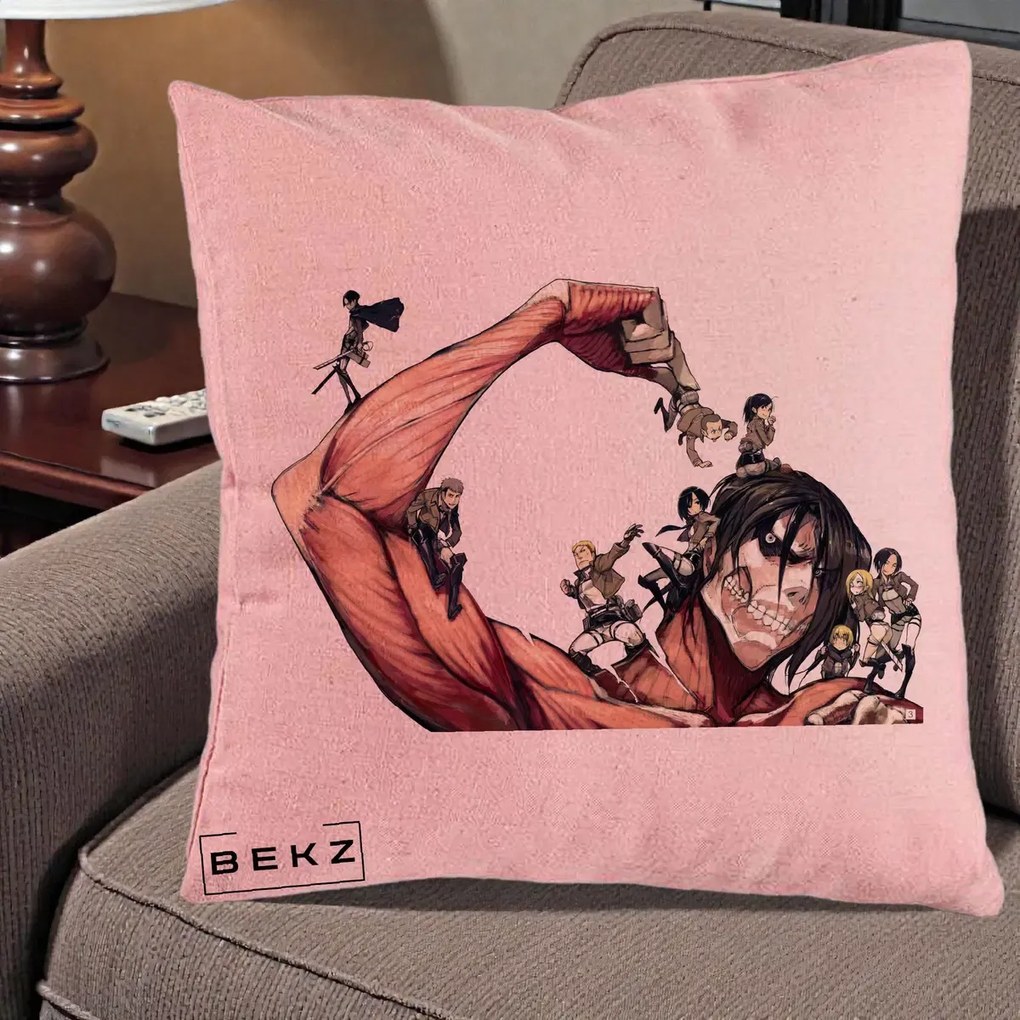 Perna Personalizata Attack on Titan Eren Titan Grup, 40x40 cm, Roz, Husa Detasabila, Perna Inclusa, BEKZ®