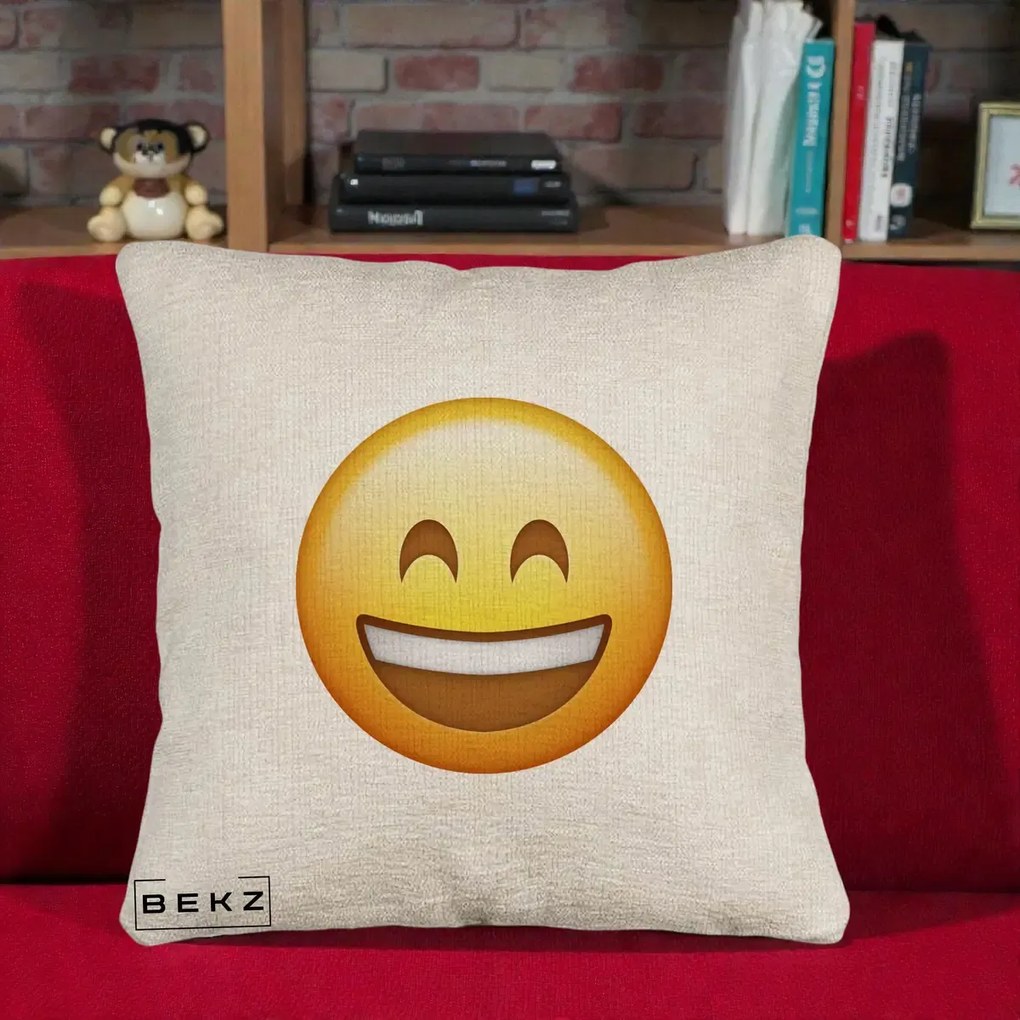 Perna Decorativa Emoji Zambet Mare, 40x40 cm, Bej Canapea, Husa Detasabila, Perna Inclusa, BEKZ®