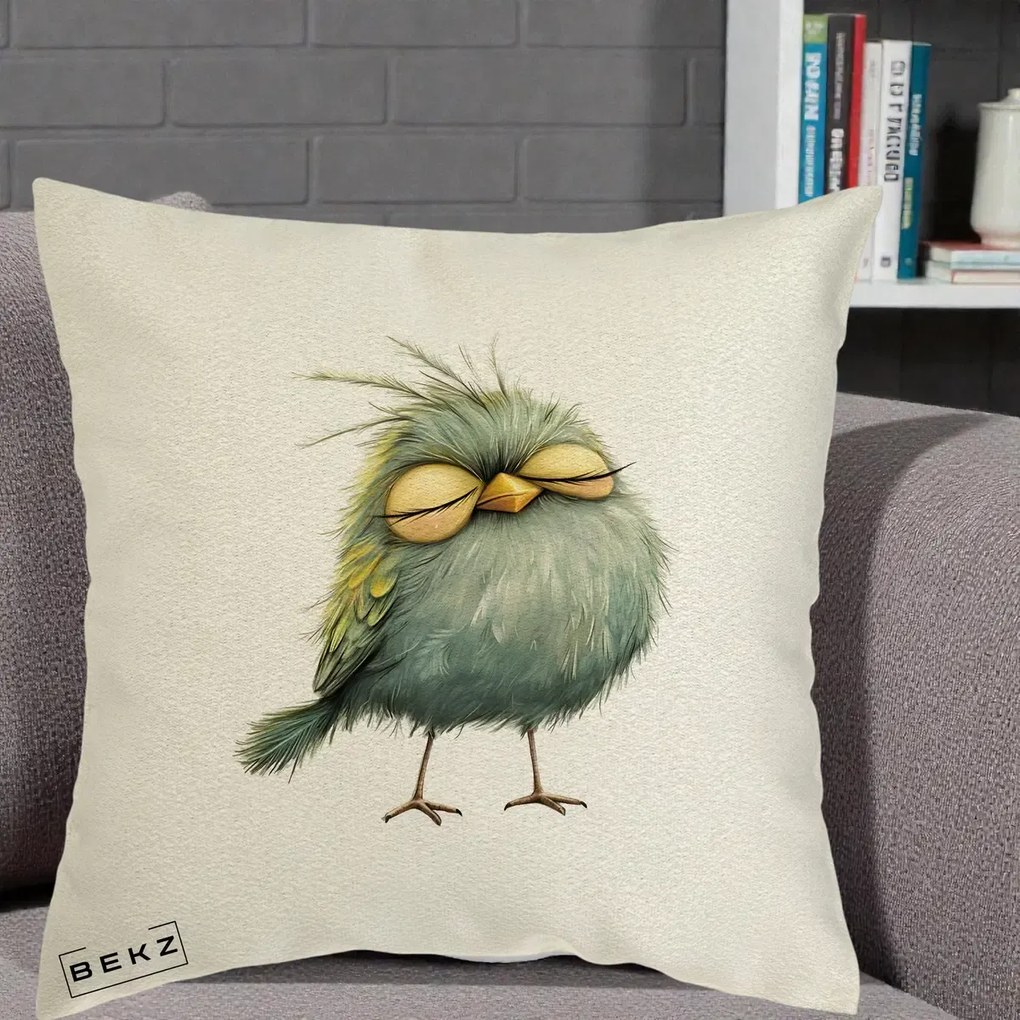 Perna Decorativa Pasare Teal Adormita cu Ochi Galbeni, 40x40 cm, Ecru, Husa Detasabila, Perna Inclusa, BEKZ®
