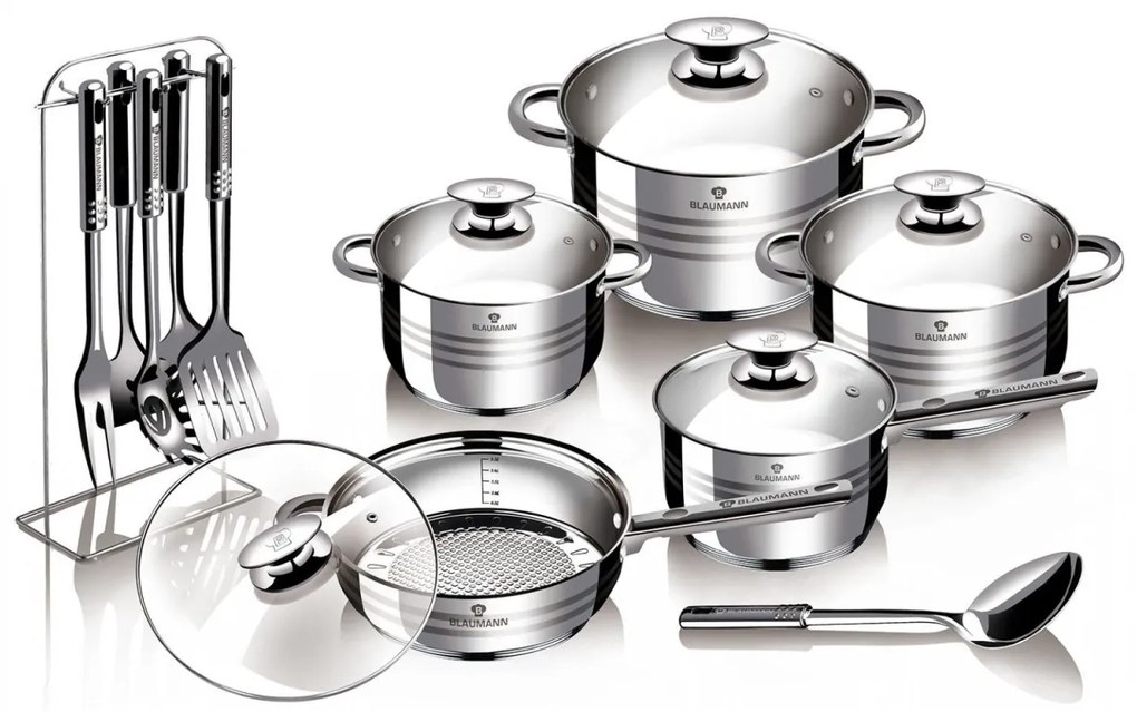 Set oale si tigaie inox cu capace din sticla termorezistente, ustensile inox, (17 piese) Blaumann BL 3133