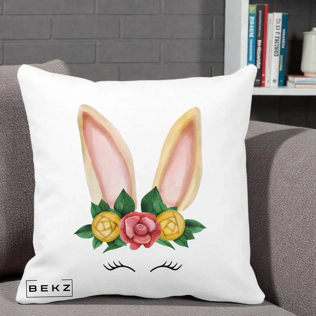 Perna Decorativa Iepuras Flori Urechi Pastelui, 40x40 cm, Alba Mata, Husa Detasabila, Perna Inclusa, BEKZ®