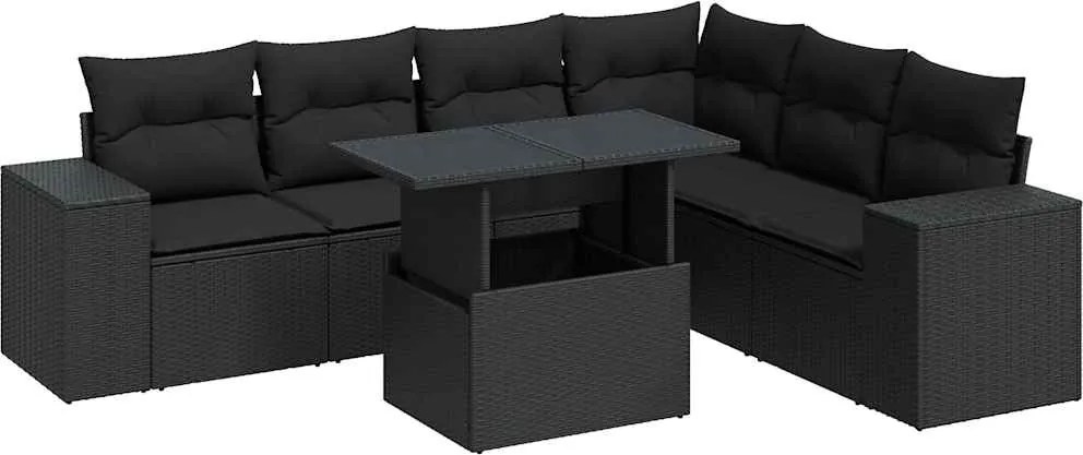 vidaXL Set canapele de grădină cu perne, 7 piese, negru, poliratan