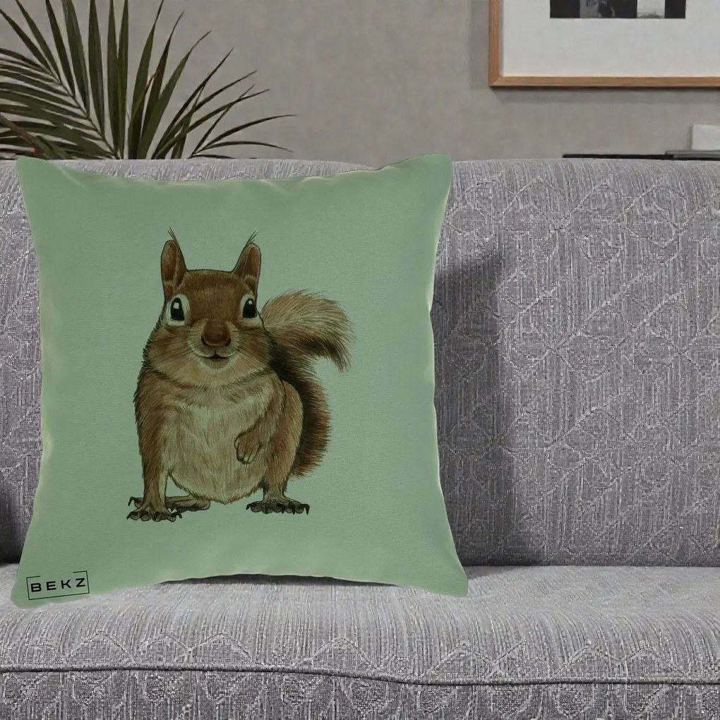 Perna Decorativa Veverita Acuarela, 40x40 cm, Verde, Husa Detasabila, Perna Inclusa, BEKZ®