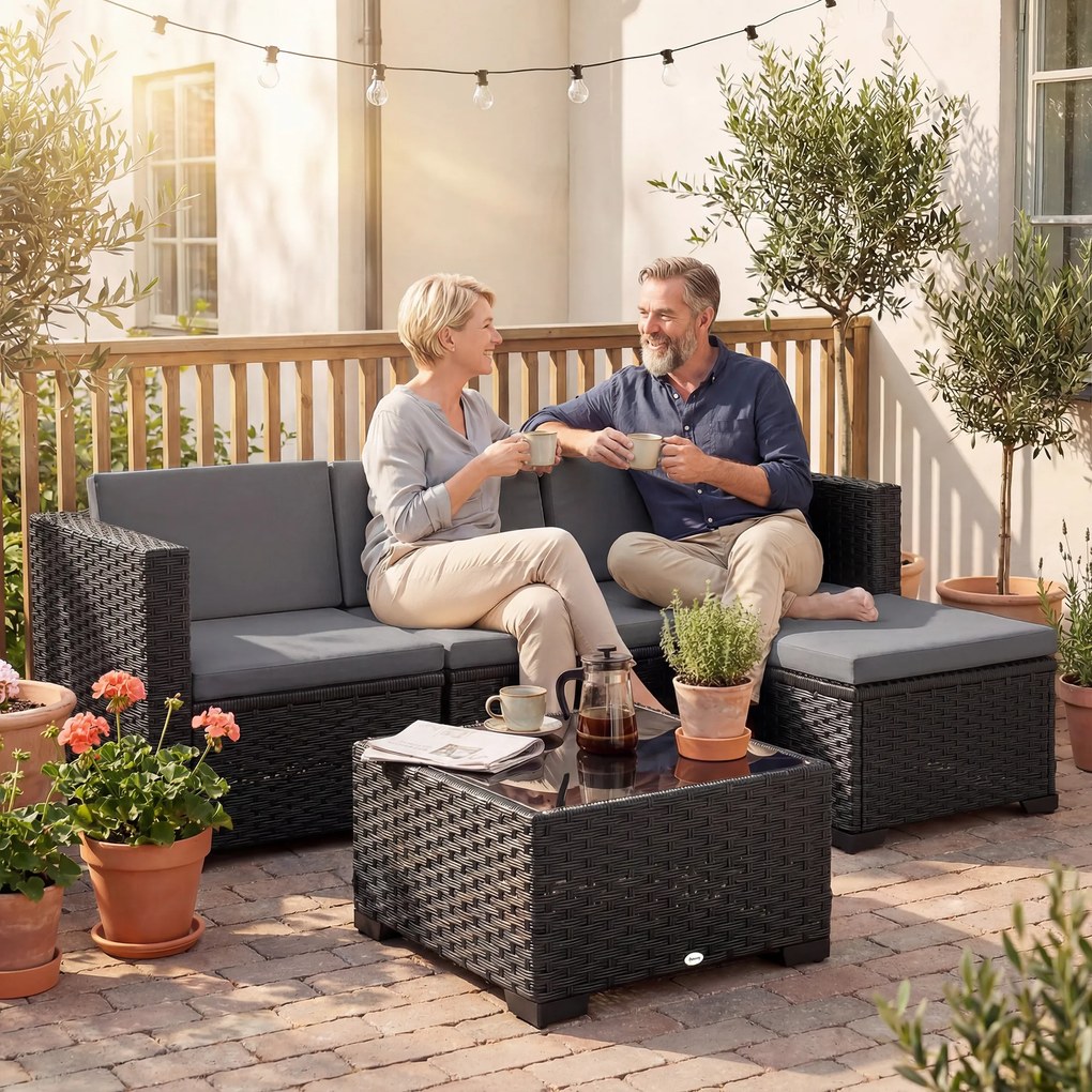 Outsunny Set Modular de Grădină din Rattan cu Perne, Canapea de Colț Gri, 5 Piese | Aosom Romania
