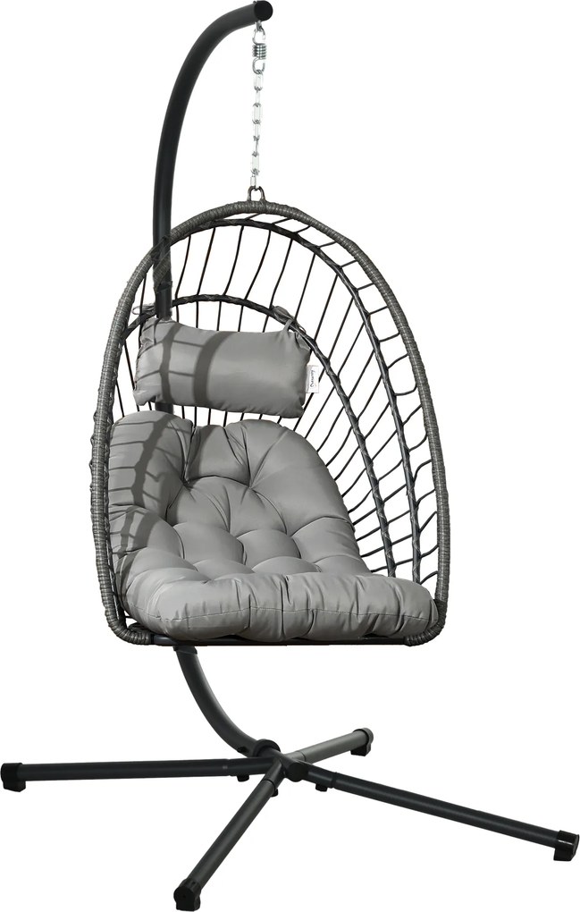 Outsunny Scaun Balansoar pentru Exterior cu Pernă Căptușită, Scaun Suspendat cu Coș Pliabil și Suport Metalic, 100x131x194 cm, Gri | Aosom Romania