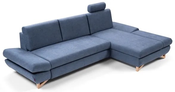 Colțar extensibil tapițat AVESTA, în formă L, cu spațiu de depozitare, orientare pe dreapta, albastru