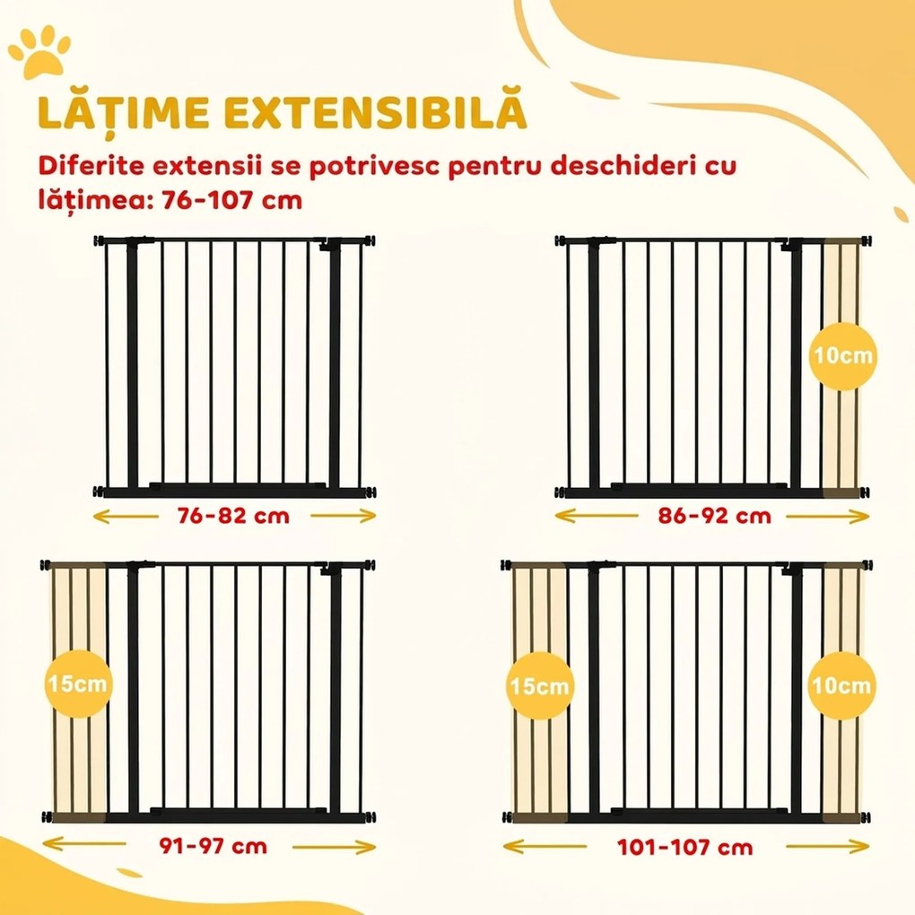 PawHut Poartă pentru Câine Extensibilă cu Deschidere Amplă, Poartă de Siguranță din Oțel și Plastic, 76-107x76 cm, Negru | Aosom Romania