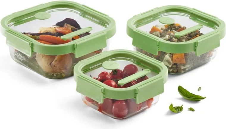 Set 3 caserole sticla depozitare alimente Lekue 1009493, 0,5/0,8/1,1 l, Capac, Supapa pentru cuptor cu microunde, -20/+100°C, Verde