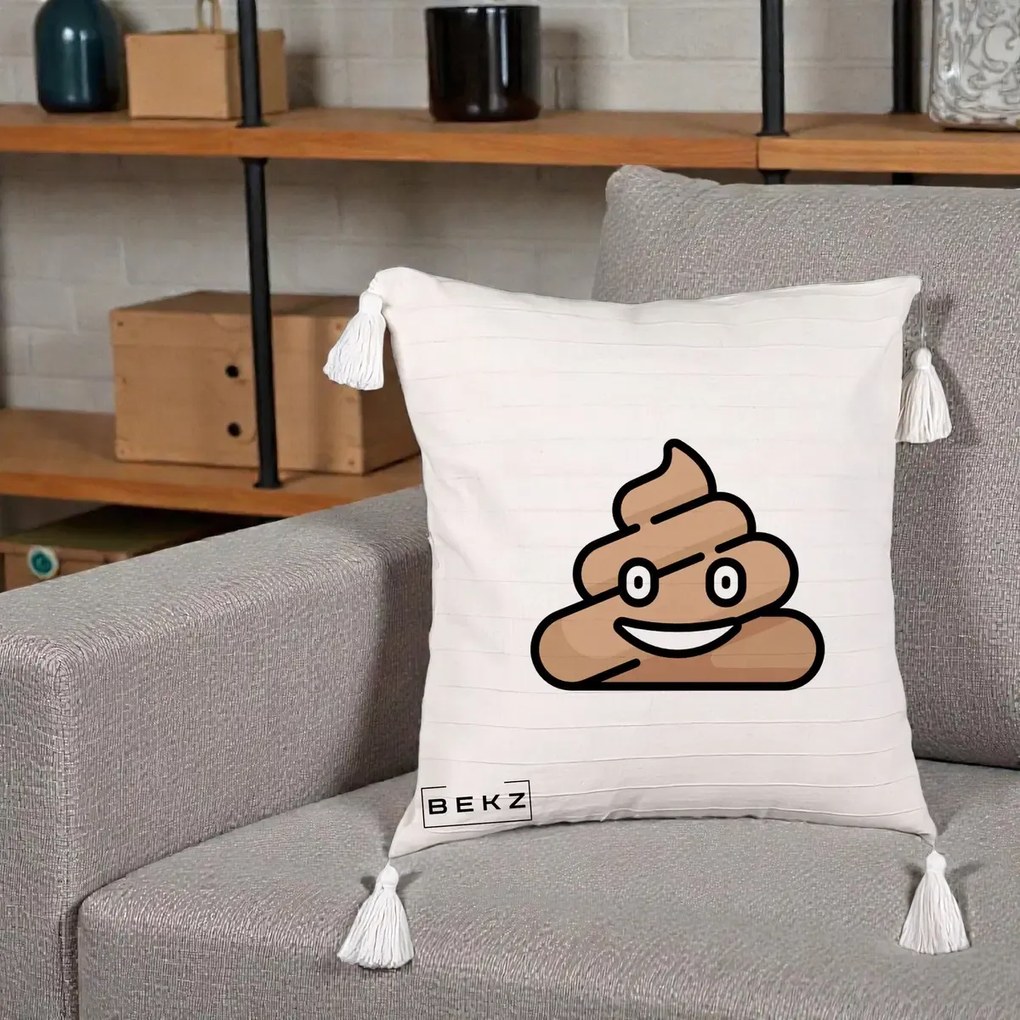 Perna Decorativa Emoji Poop Funny, 40x40 cm, Bej cu Franjuri, Husa Detasabila, Perna Inclusa, BEKZ®