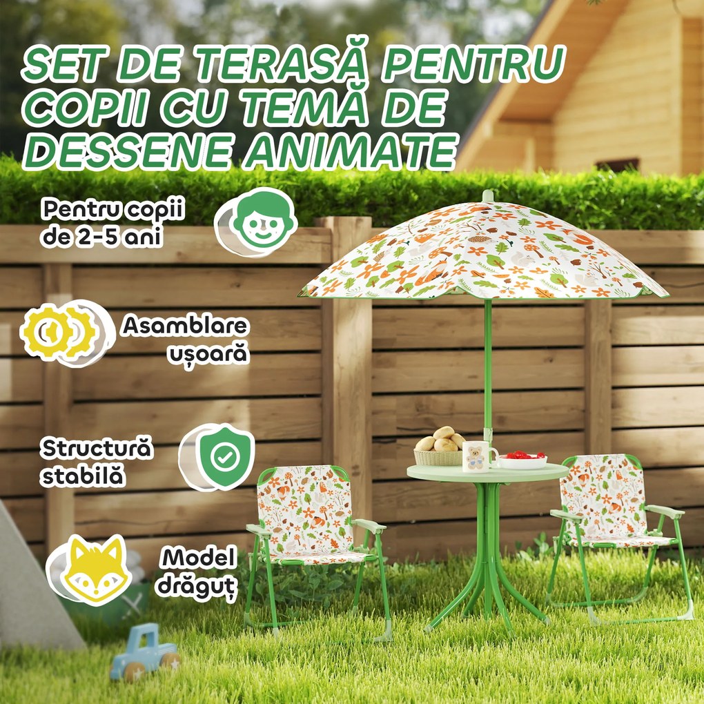 AIYAPLAY Set de Mobilier de Grădină din 4 Piese cu Masă, Scaune și Umbrelă de Soare Reglabilă, 50xΦ49,5 cm, Verde | Aosom Romania