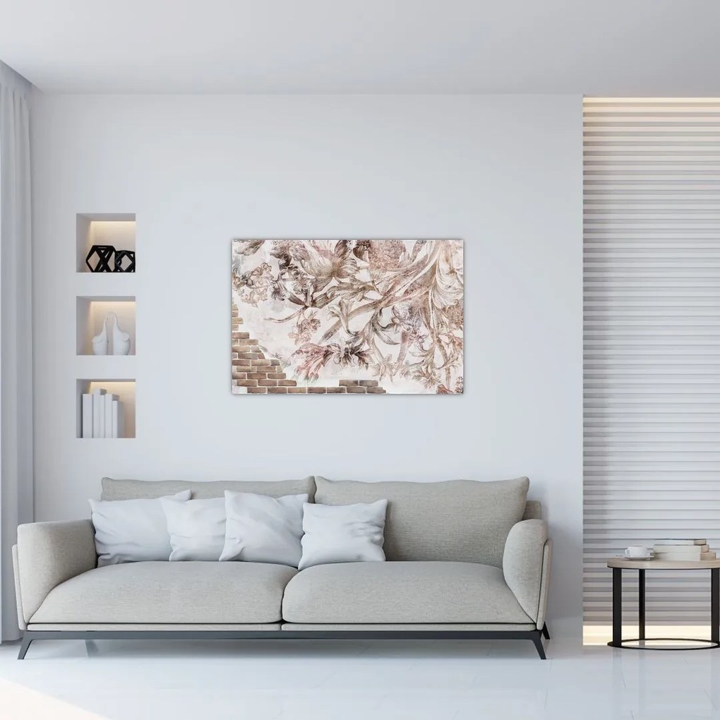 Tablou - Frescă florală pe un perete de cărămidă (90x60 cm)