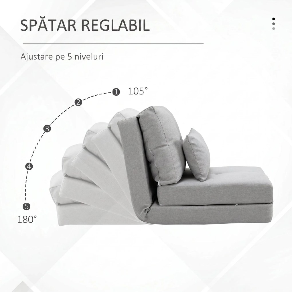 HOMCOM Fotoliu Pat 3 în 1 Convertibilă în Șezlong și Divan de Pe Podea cu 2 Perni, Gri Deschis | Aosom Romania
