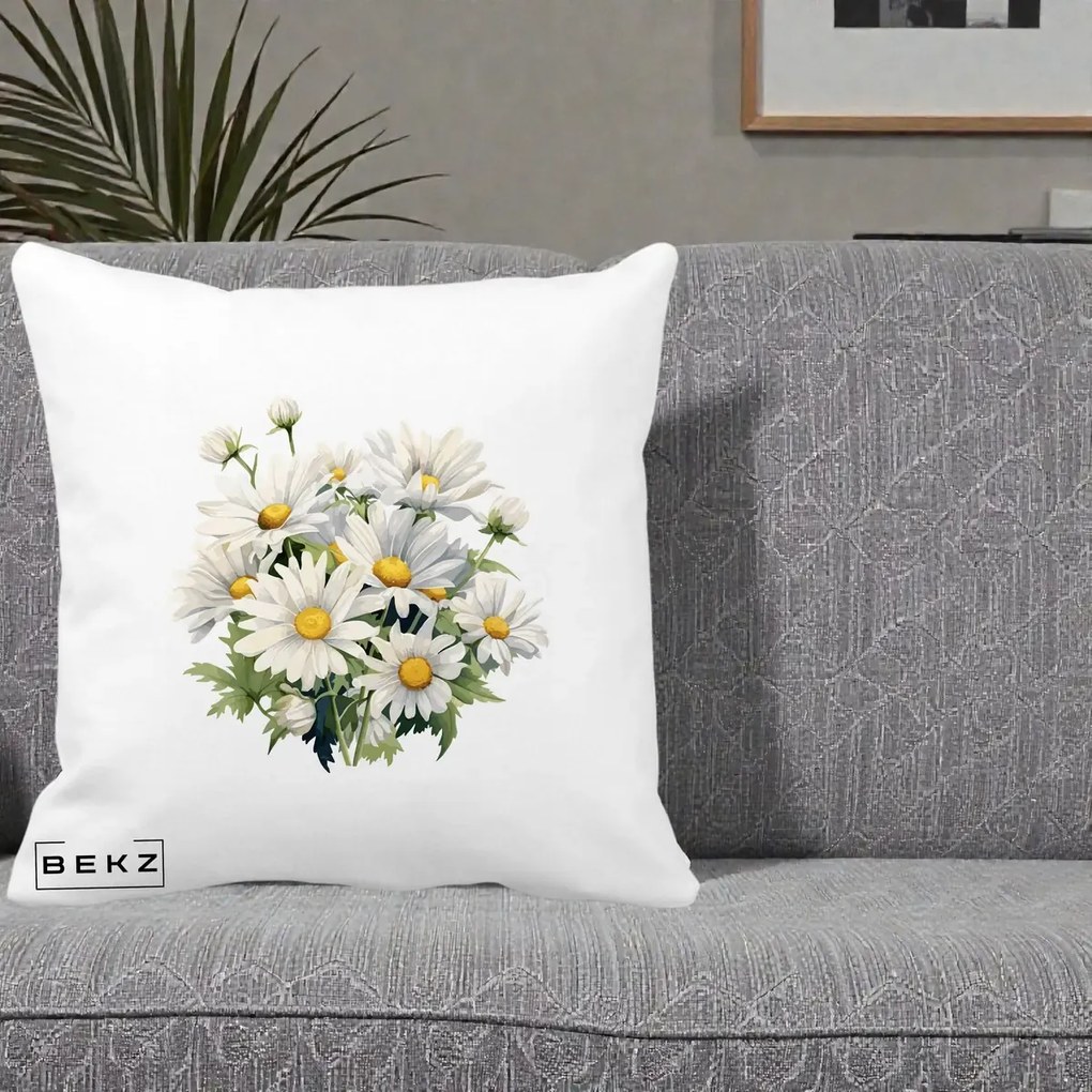 Perna Decorativa Buchet Margarete Albe Acuarela, 40x40 cm, Alba Mata, Husa Detasabila, Perna Inclusa, BEKZ®