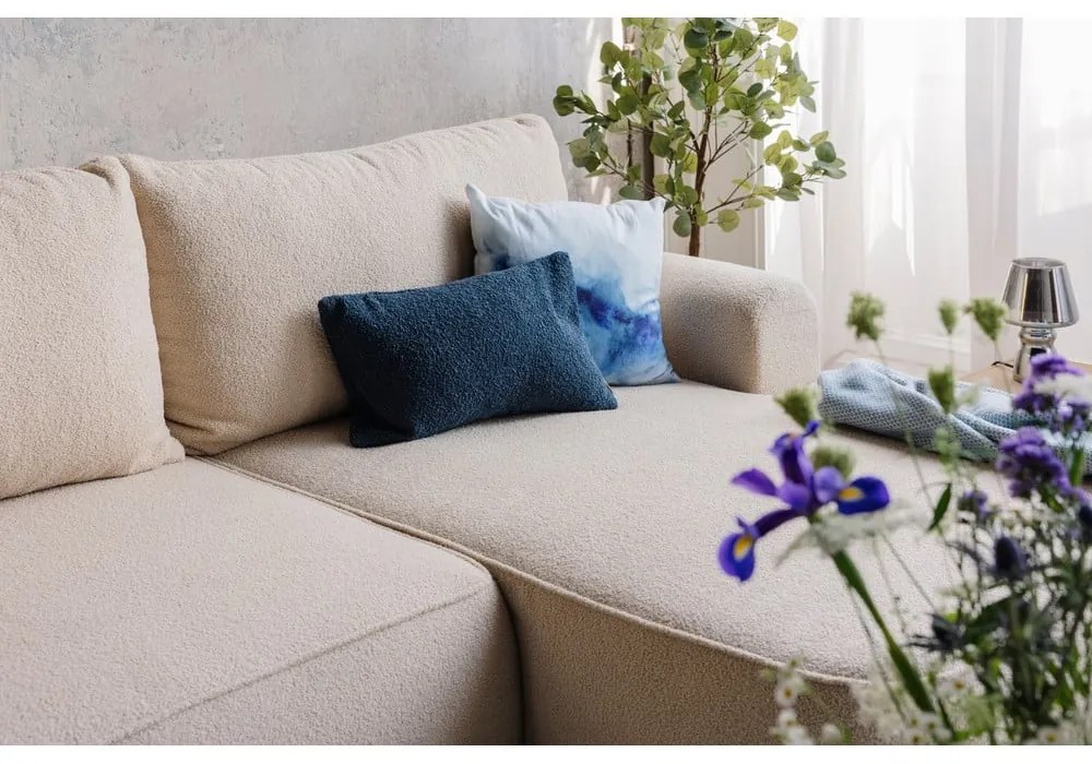 Colțar albastru extensibil cu tapițerie din țesătură bouclé (cu colț pe partea dreaptă) Quinoa – Bonami Selection