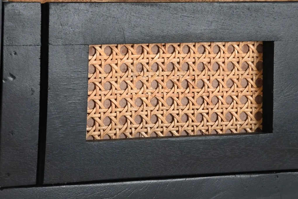 Comodă TV living din lemn de mango, negru, cu 2 uși, 2 sertare, nișă deschisă și inserții din ratan împletit, 60 x 145,5 x 40,5 cm, „Cheverny”