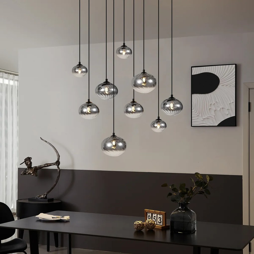 Lampă suspendată modernă neagră cu sticlă fumurie cu 9 lumini - Jia