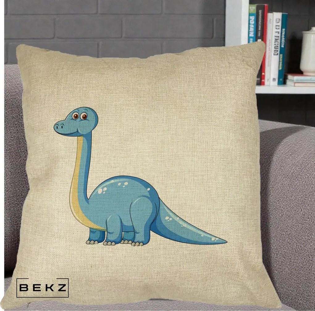 Perna Personalizata Brontosaur Albastru, 40x40 cm, Crem, Husa Detasabila, Perna Inclusa, BEKZ®