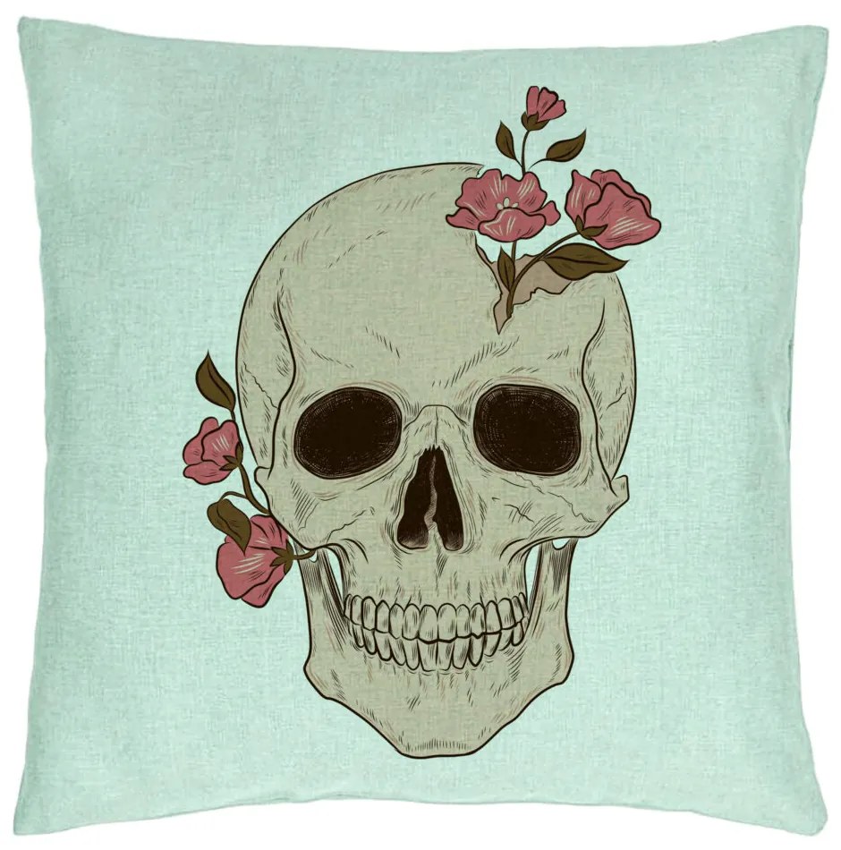 Perna Decorativa, Model Skull Rose Art, 40x40 cm, Verde Menta, Husa Detasabila, Burduf