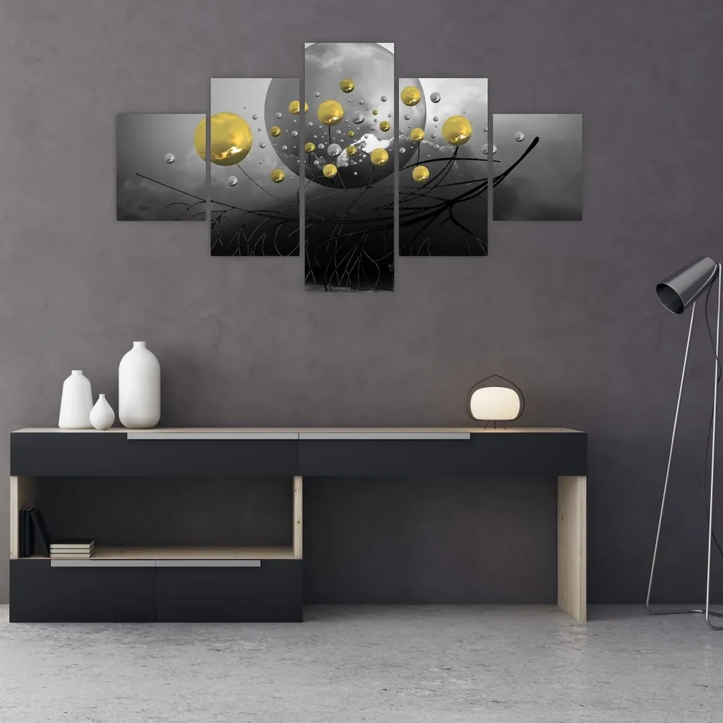 Tablou cu bile abstracte aurii (125x70 cm), în 40 de alte dimensiuni noi