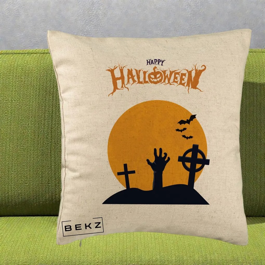 Perna Decorativa Happy Halloween Cimitir cu Luna, 40x40 cm, Bej, Husa Detasabila, Perna Inclusa, BEKZ®