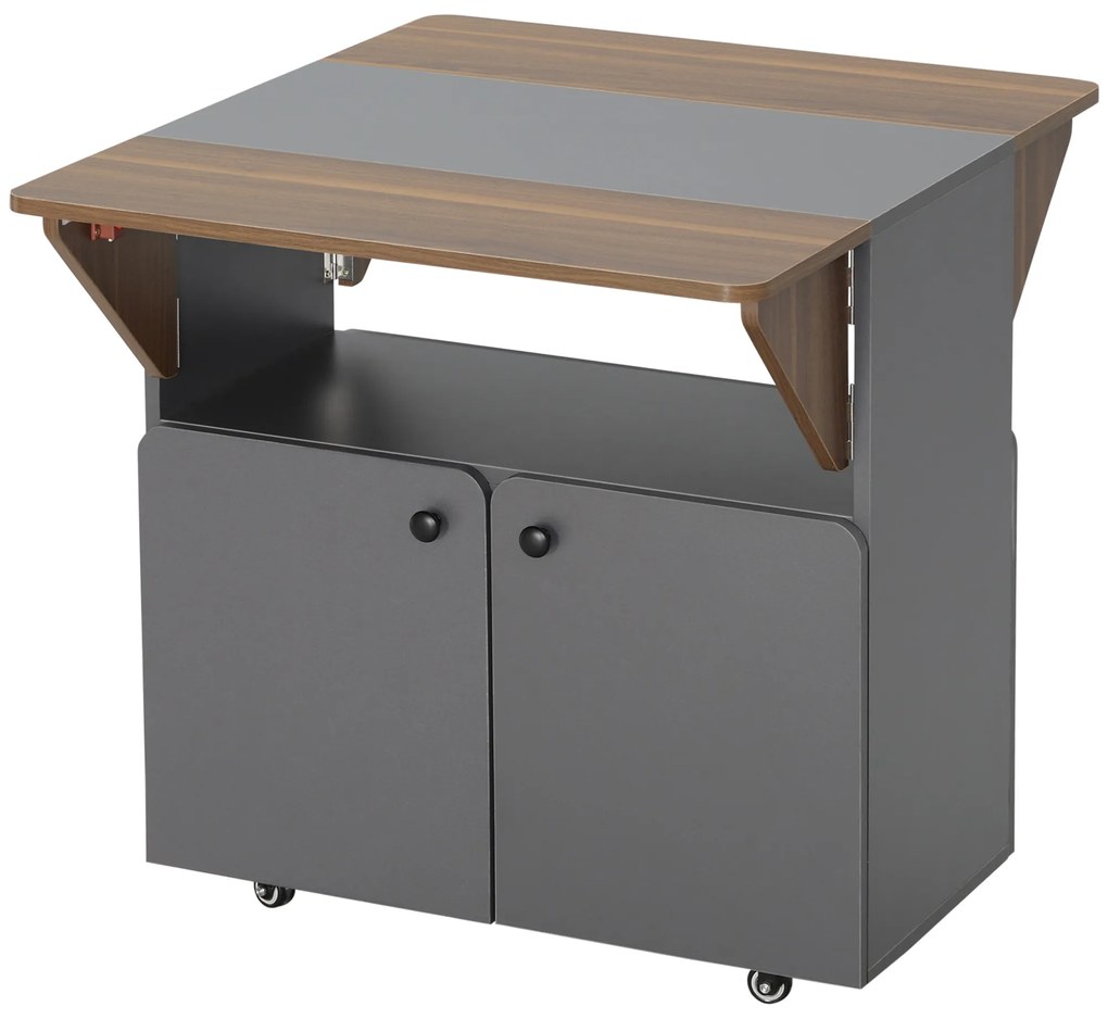 HOMCOM Masă Pliabilă cu Dulap, două părți pliabile la masă, dulap cu rafturi, 4 roți, Gri deschis+Maro închis, 70 x 83 x 75cm | Aosom Romania