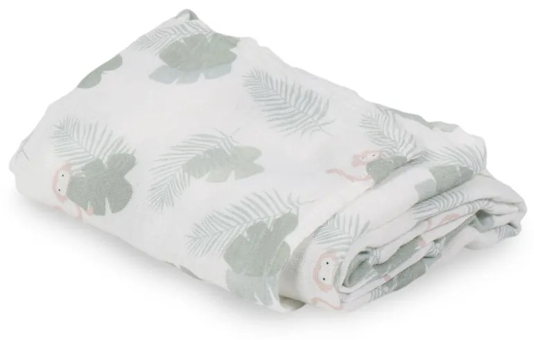 Muselina din bumbac si bambus, Scutec sau paturica multifunctionala, Monstera Monkey Hunter Mint, 120 x 120 cm
