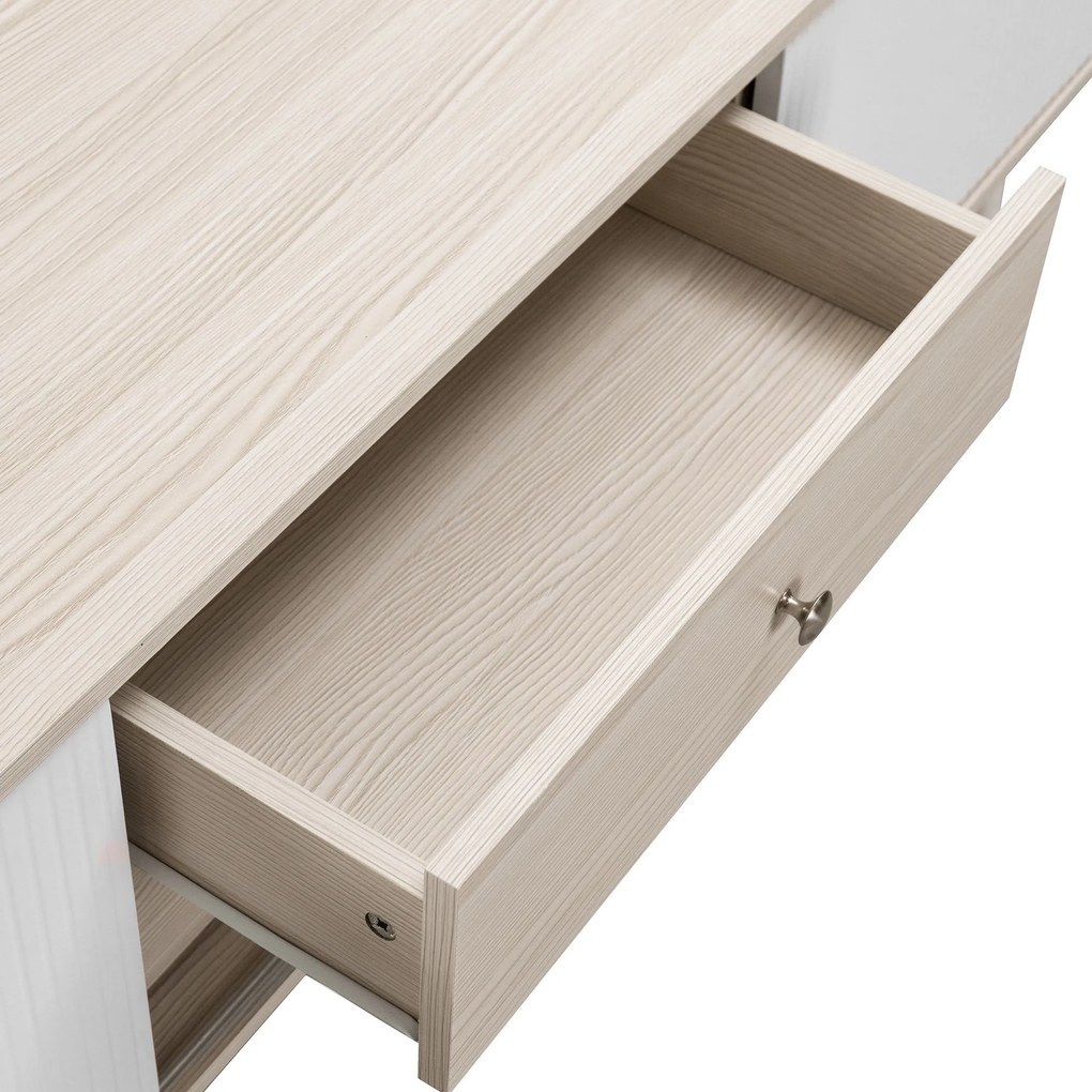 Comodă TV cu 2 sertare, uși glisante cu dungi și picioare stabile din lemn, 160x40x58 cm, Alb