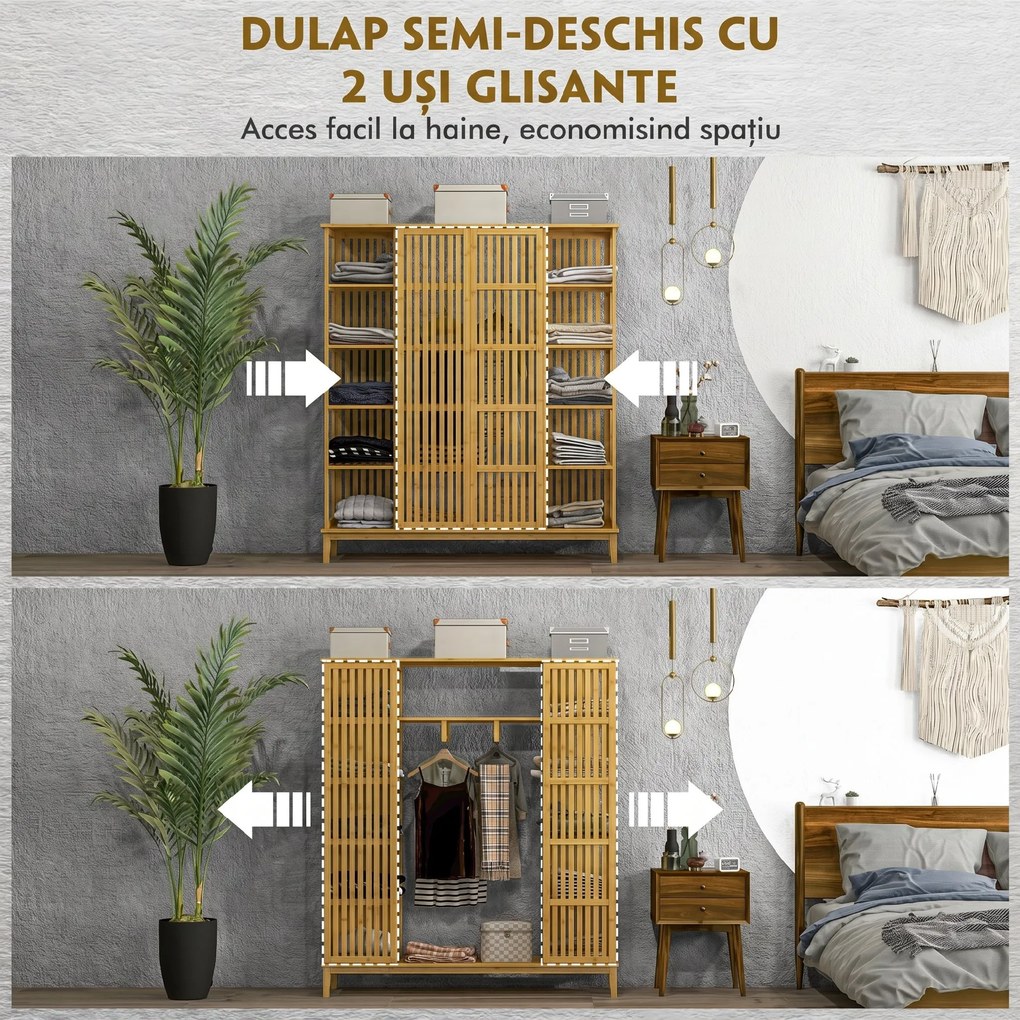 HOMCOM Dulap Deschis din Bambus cu 2 Uși Glisante, Garderobă cu Rafturi și Bară de Haine, 145x35x165 cm, Lemn Natural | Aosom Romania
