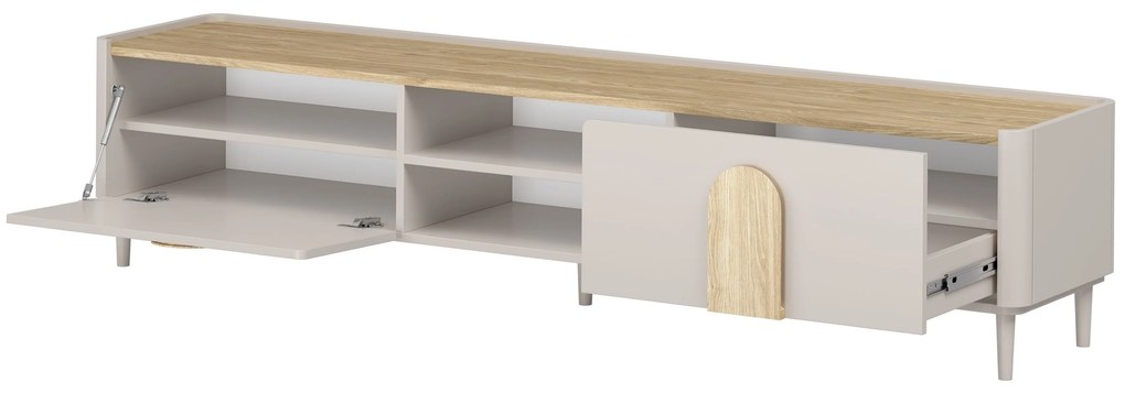 Comodă TV Amilio 220 cm cu sertar pe picioare - cashmir / stejar uleiat / mânere stejar deschis