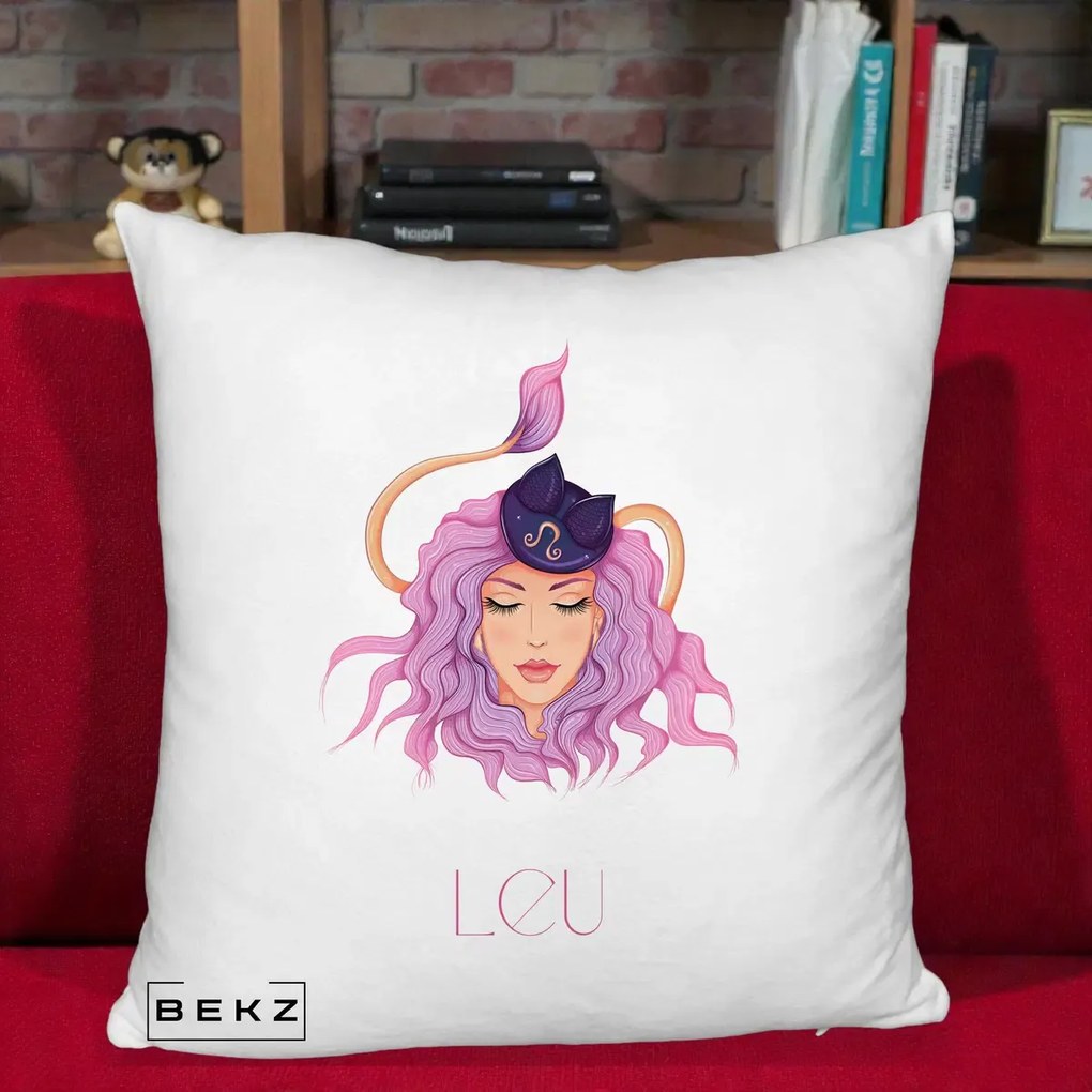 Perna Personalizata Zodie Leu, 40x40 cm, Alb Pufos, Husa Detasabila, Perna Inclusa, BEKZ®