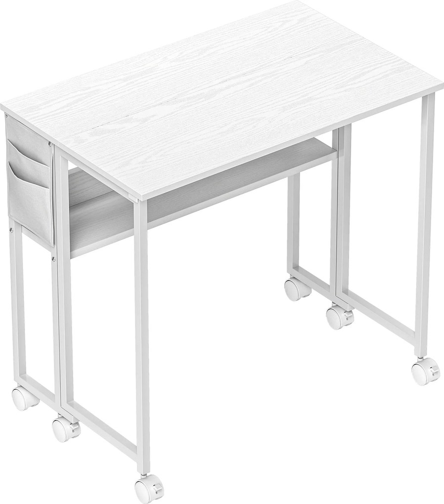 HOMCOM Birou pliabil 80cm, raft, roți, alb | Aosom Romania