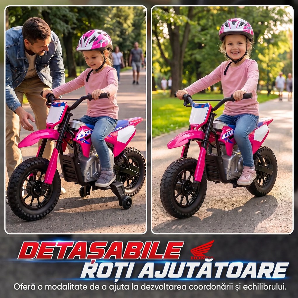 AIYAPLAY Motocicletă electrică pentru copii 3+ ani, licență Honda CRF 450R, 12V, baterie litiu, cu suspensii, roz | Aosom Romania