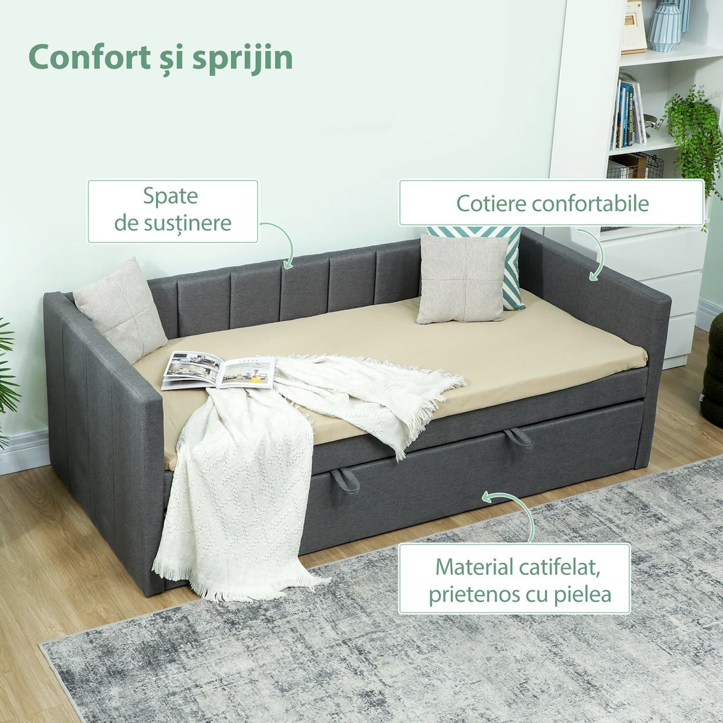 HOMCOM Cadru Pat Simplu 90x190 cm, Canapea cu Al Doilea Pat Extensibil, Tetieră Căptușită, Cotiere, Lamele din Lemn de Plop, pentru Cameră Living Oaspeți, Fără Saltea, Gri Închis | Aosom Romania