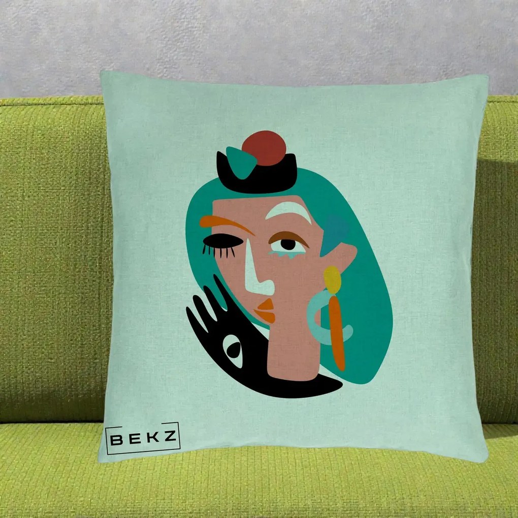 Perna Decorativa Portret Abstract Matisse Turcoaz, 40x40 cm, Verde Menta, Husa Detasabila, Perna Inclusa, BEKZ®