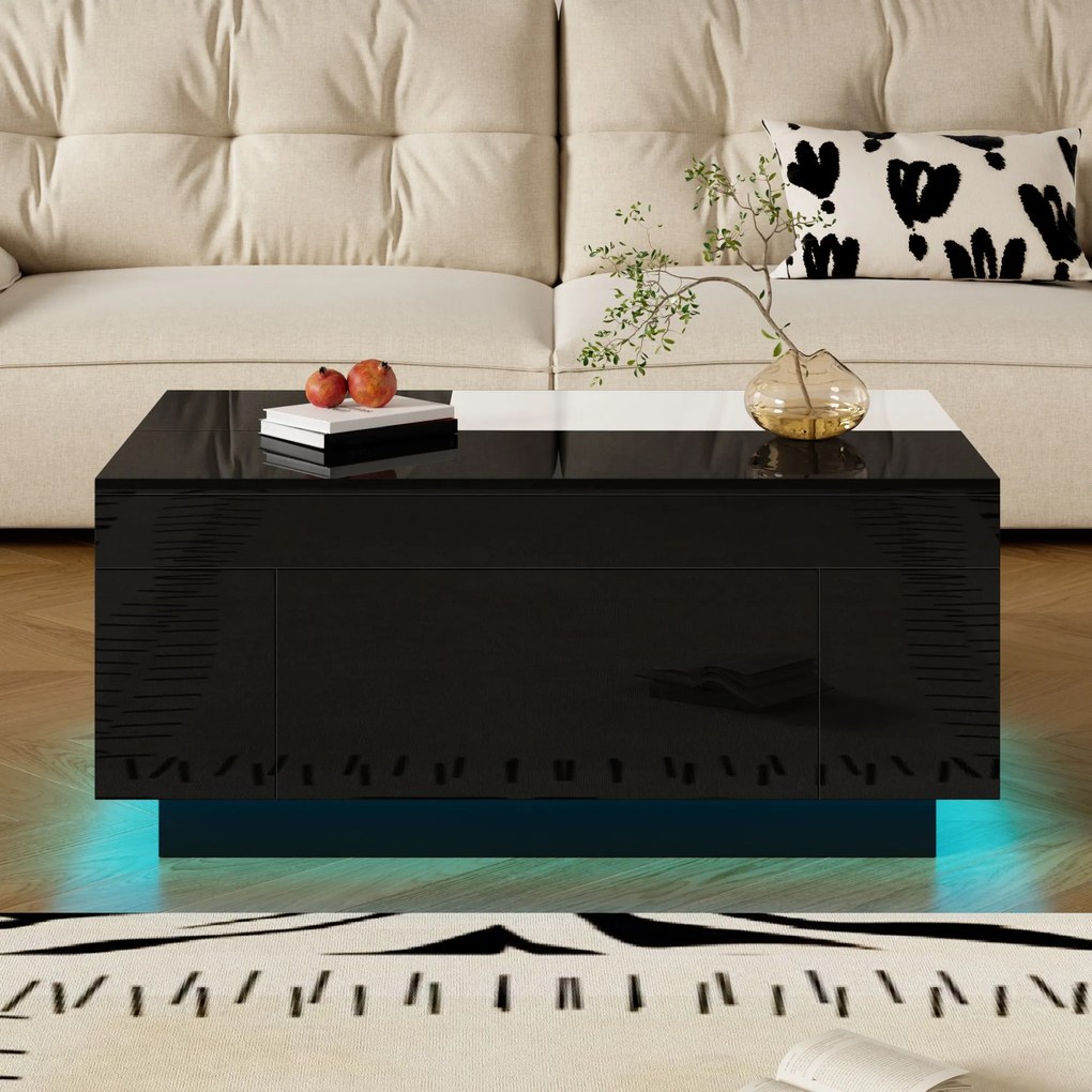 Masă de cafea cu iluminare LED, blat extensibil și spațiu de depozitare, 80x50x35,5 cm, Alb+Negru