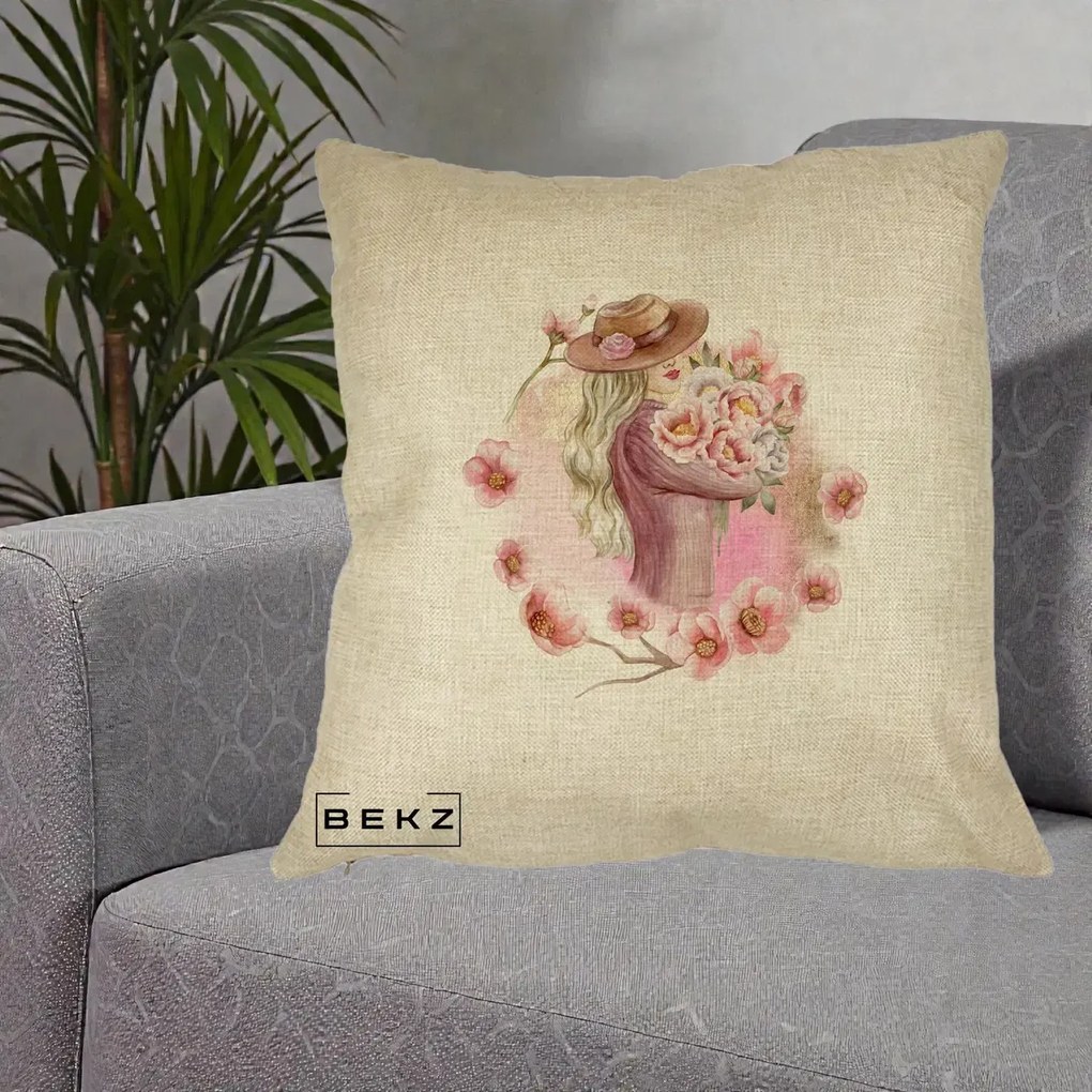 Perna Decorativa Femeie cu Flori Roz Acuarela, 40x40 cm, Crem, Husa Detasabila, Perna Inclusa, BEKZ®