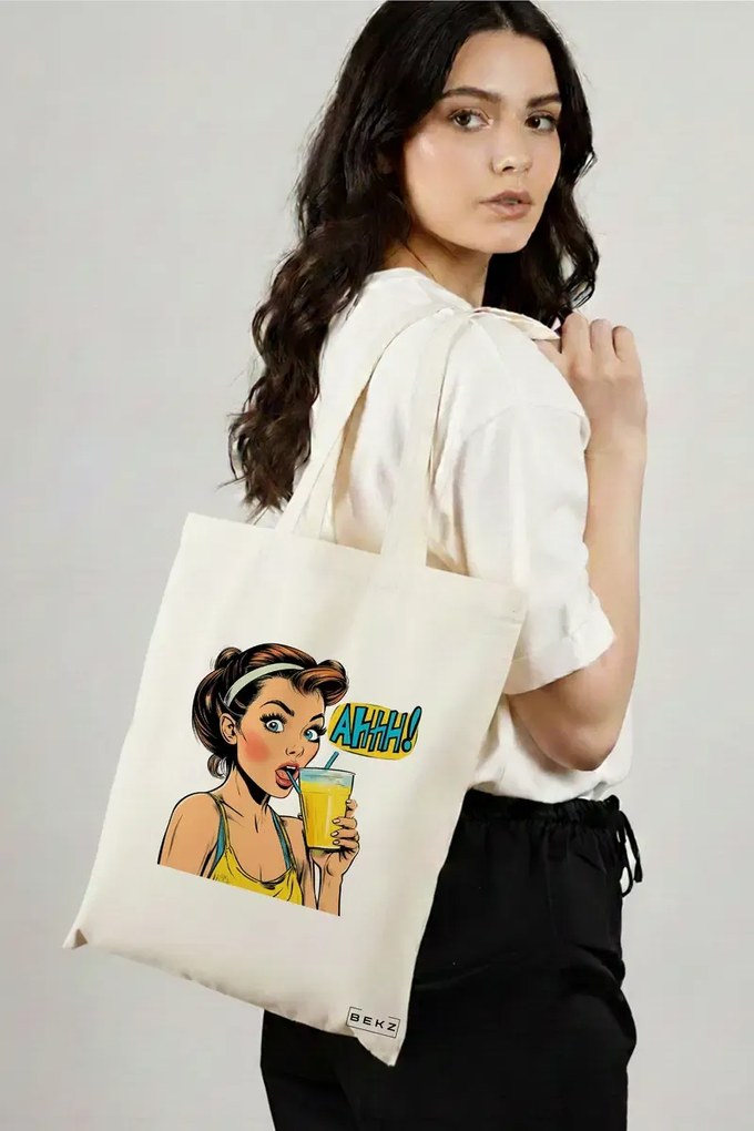 Sacosa de Panza pentru Cumparaturi, Geanta Tote, model Sip and Style 38 x 34.5 cm, Alba, BEKZ®