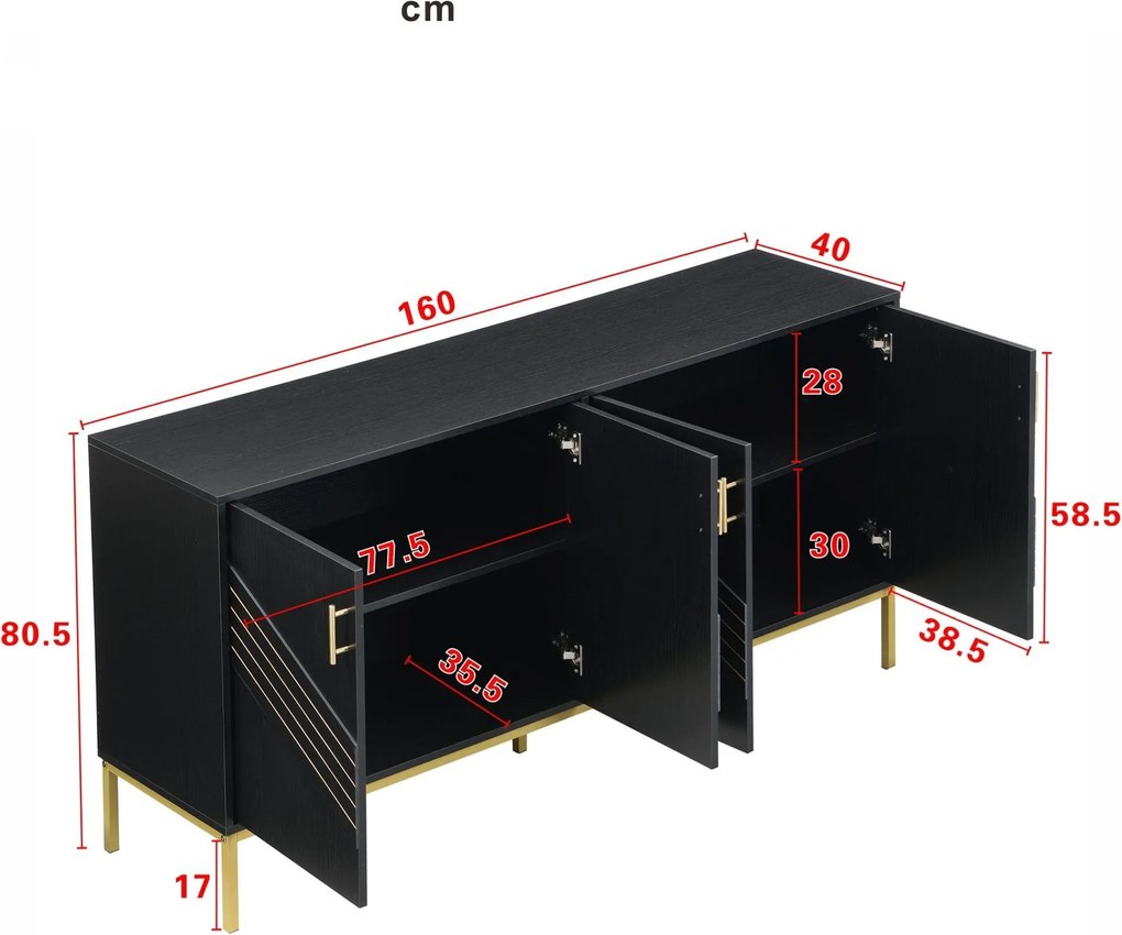 Comodă cu 4 uși, rafturi reglabile pe înălțime, pentru living, sufragerie &amp; hol, 160x40x80,5 cm, Negru