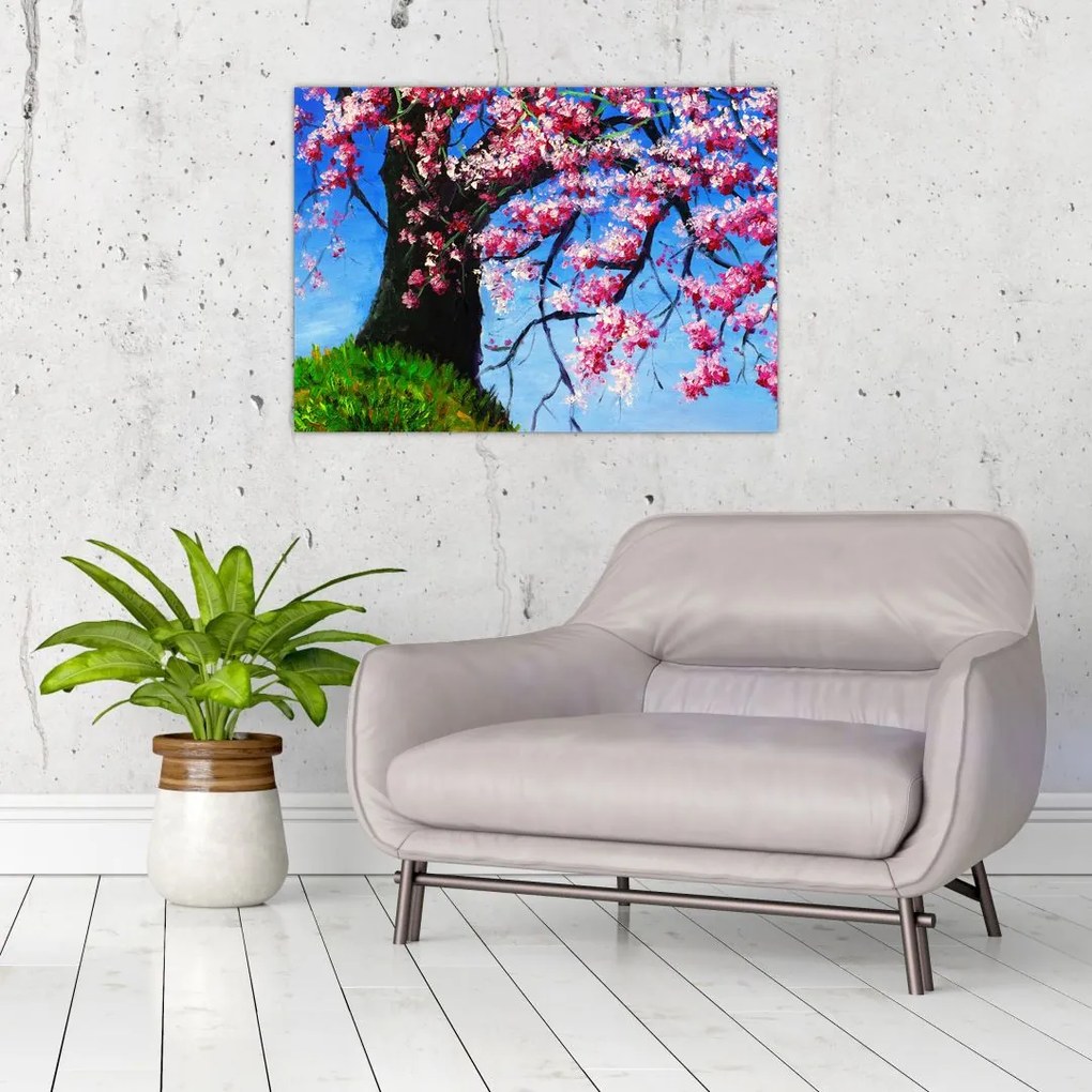 Tablou pe sticlă - Cireș înflorit - pictură (70x50 cm)