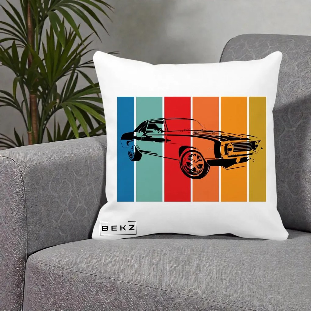Perna Personalizata Masina Retro Muscle Car Grafic, 40x40 cm, Alba Mata, Husa Detasabila, Perna Inclusa, BEKZ®