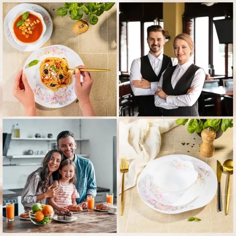Set de masă Kinghoff KH 2035, 18 piese, pentru 6 persoane, sticlă opală, motiv floral, alb