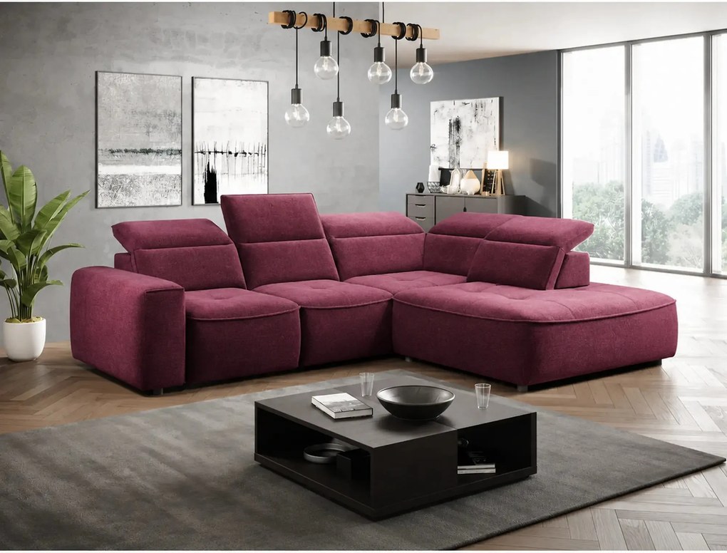 Coltar COLOMBO L, sezlong dreapta, stofa catifelata rosu bordo - Crown