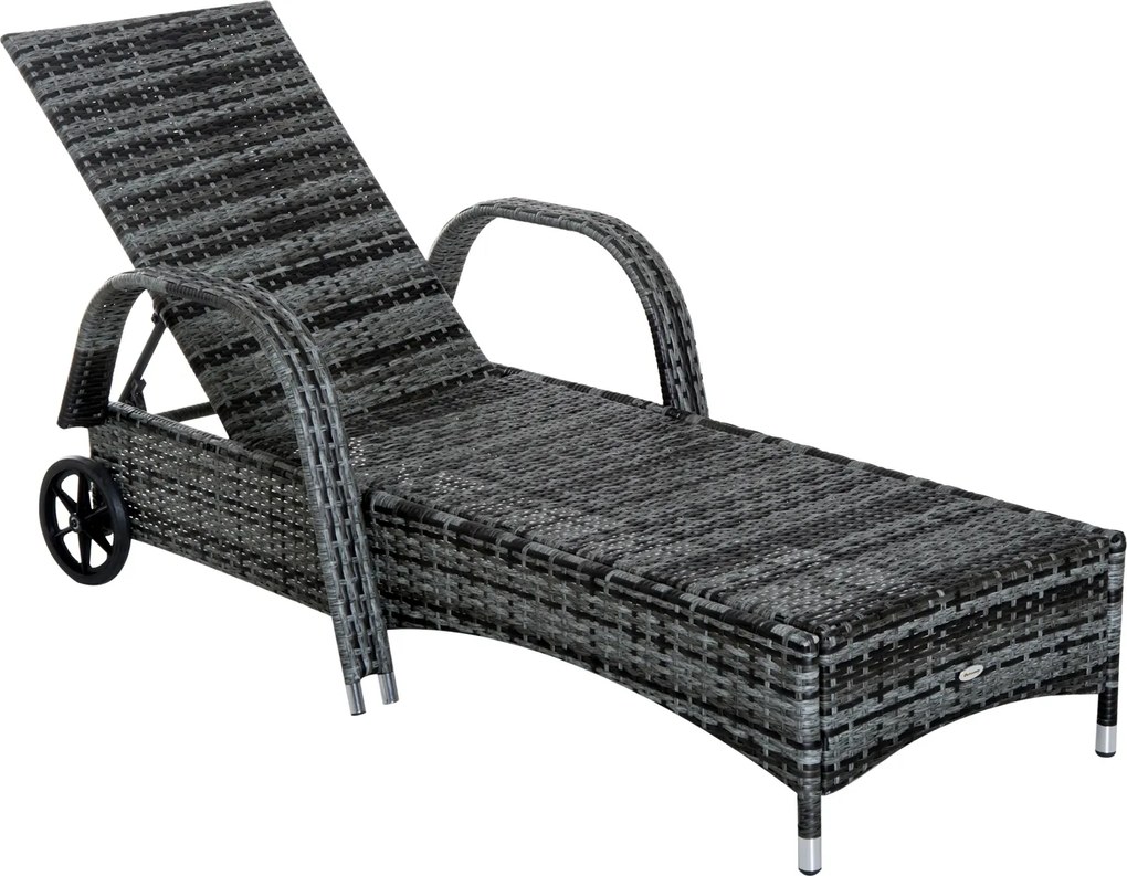 Outsunny Set 2 Sezlonguri si 1 Masuta de Gradina in Poli ratan Gri cu Saltea Captusita si Roti | Aosom Romania