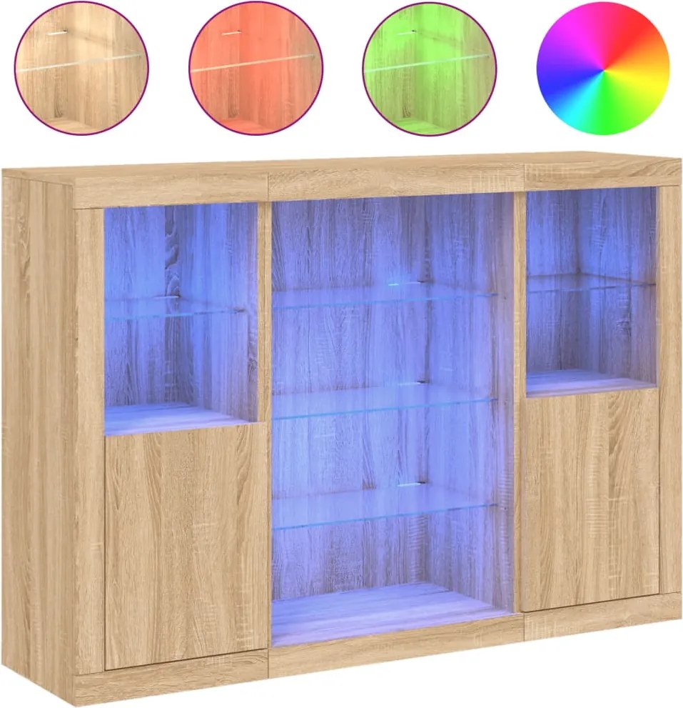 vidaXL Servantă cu lumini LED, 3 buc., stejar sonoma, lemn prelucrat