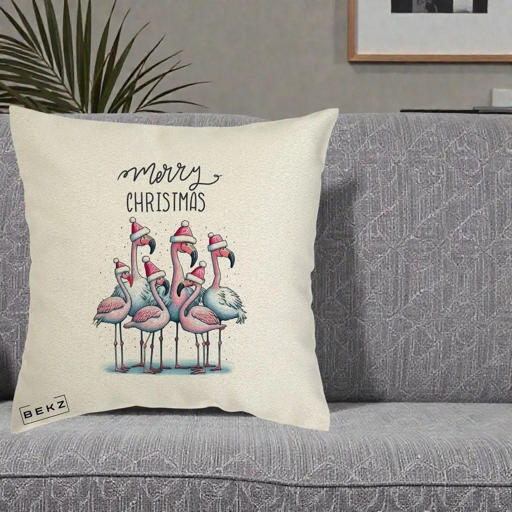 Perna Decorativa Flamingo Merry Christmas, 40x40 cm, Ecru, Husa Detasabila, Perna Inclusa, BEKZ®