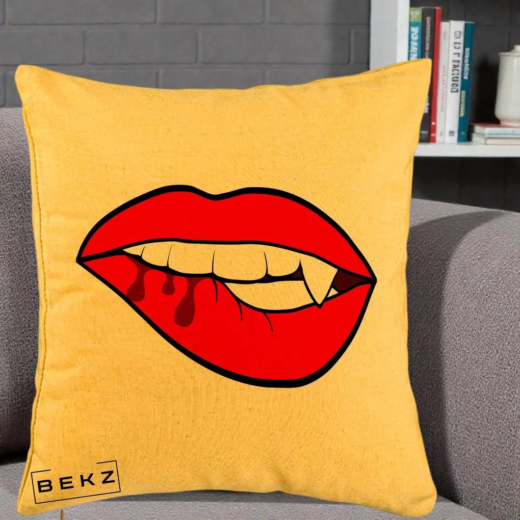 Perna Decorativa Vampire Lips Halloween, 40x40 cm, Galben, Husa Detasabila, Perna Inclusa, BEKZ®