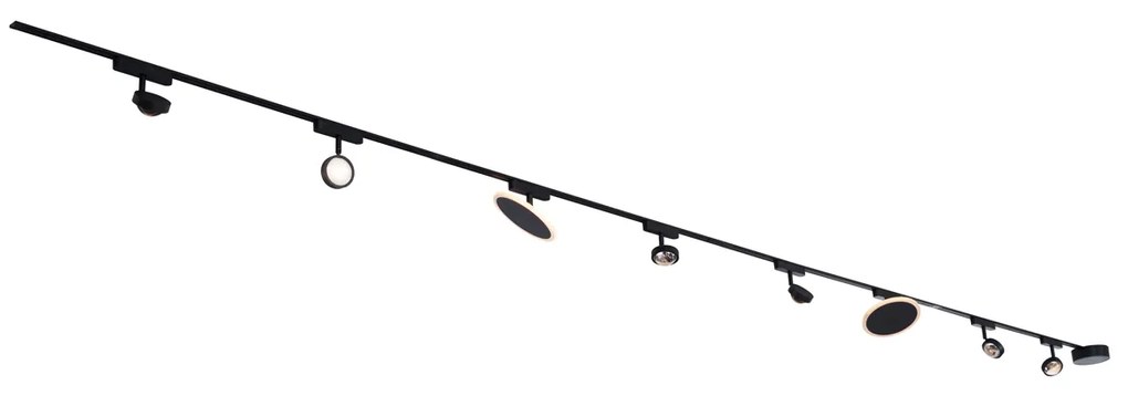 Sistem de iluminat pe șine cu 6 spoturi și 2 plafoniere negre monofazate - Magnetic Lance Puk