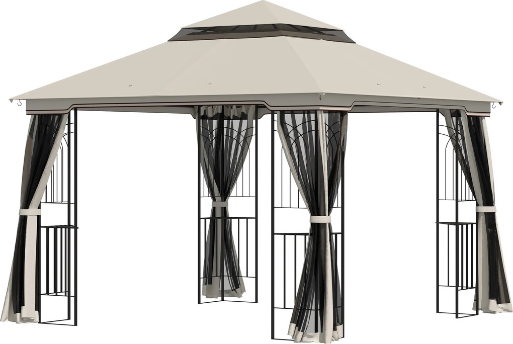 Outsunny Pavilion de grădină cu acoperiș dublu, cort pentru petreceri, cu 4 x pereți laterali, Metal+Poliester, Bej, 2,99 x 2,99 x 2,74 m | Aosom Romania